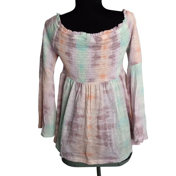 Torrid Size 0 L 12 Top Baby Doll Off Shoulder Tie Dye Smocked Bell Sleeves Knit - Picture 4 of 10